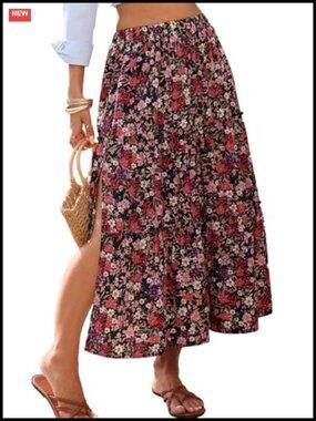 Boho Floral Maxi Skirt A-Line High Waisted Tiered Ruffle Side Slit Polyester